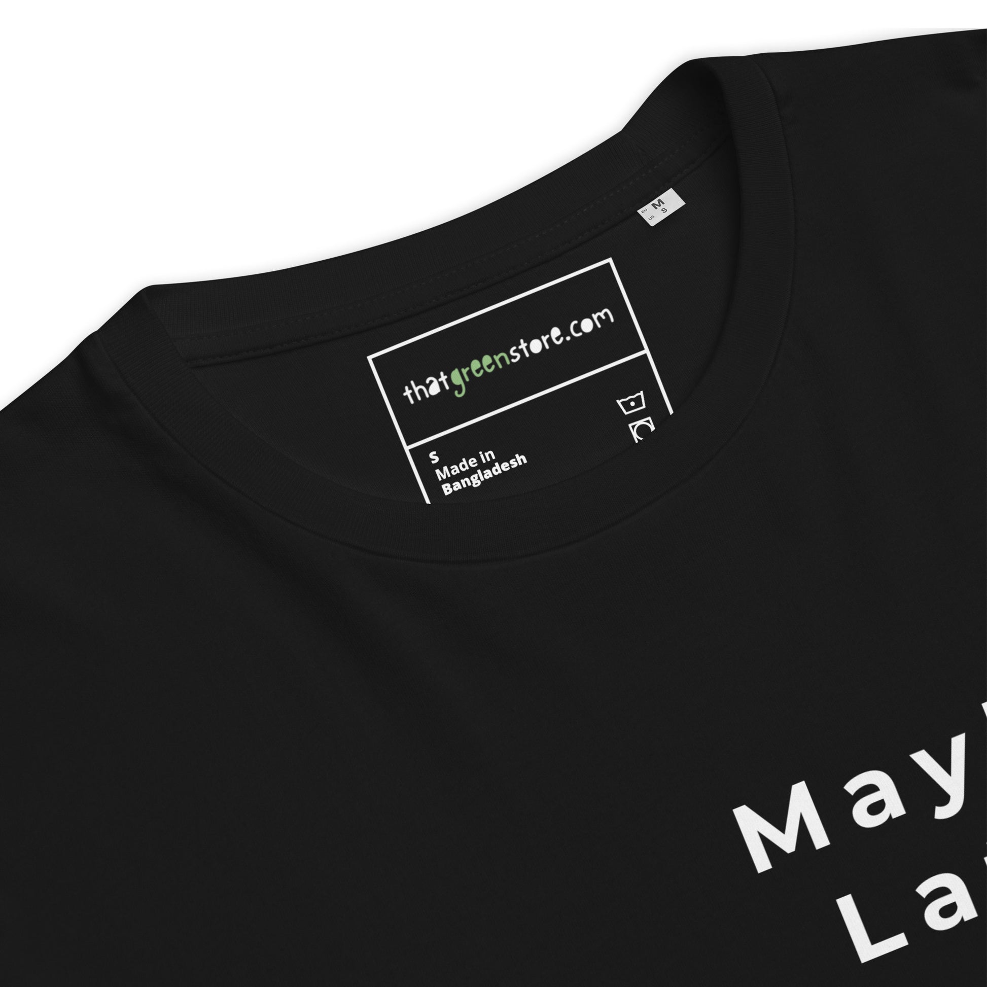 Close-up of the label on the Maybe Later vegan tee. black