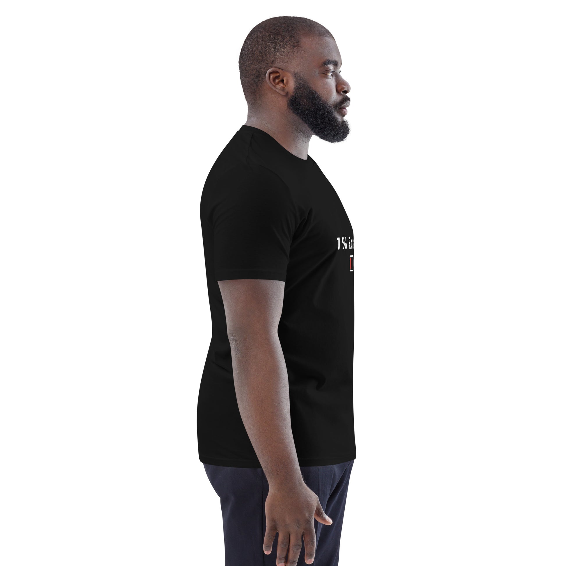 Side view of a male model wearing the 1% Energy vegan tee. black