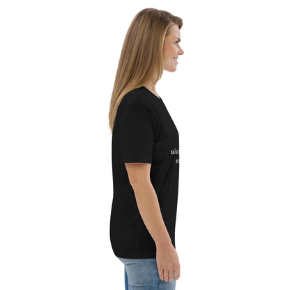 Side profile of a woman in a plant-based graphic tee, showing the sleeve fit and overall modern silhouette. -black-