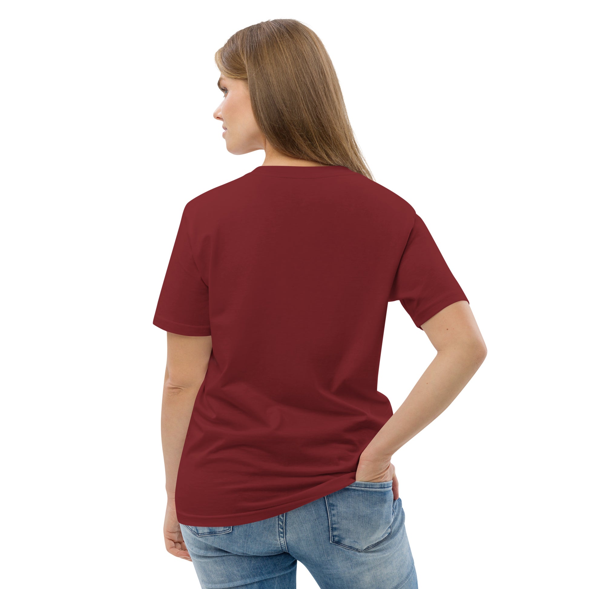 Back view of a female model wearing the eco-friendly 1% Energy t-shirt. burgundy