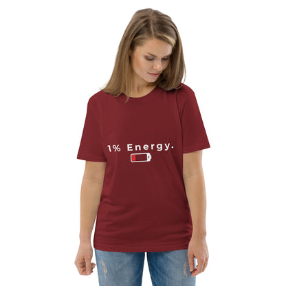 Front view of a female model in the vegan 1% Energy tee. burgundy