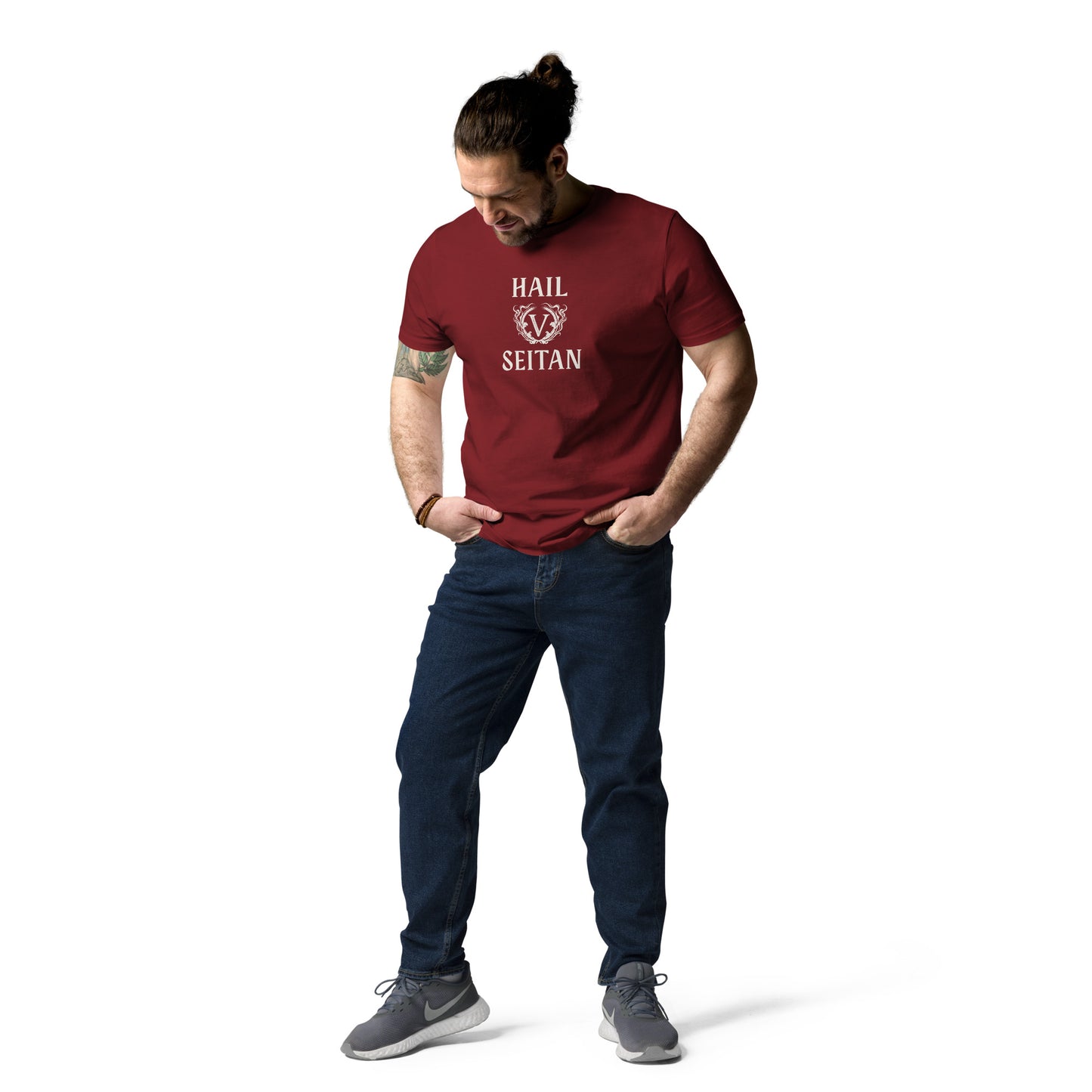 Male model showcasing a burgundy red Hail Seitan graphic tee, featuring an ivory gothic vegan print on the chest.
