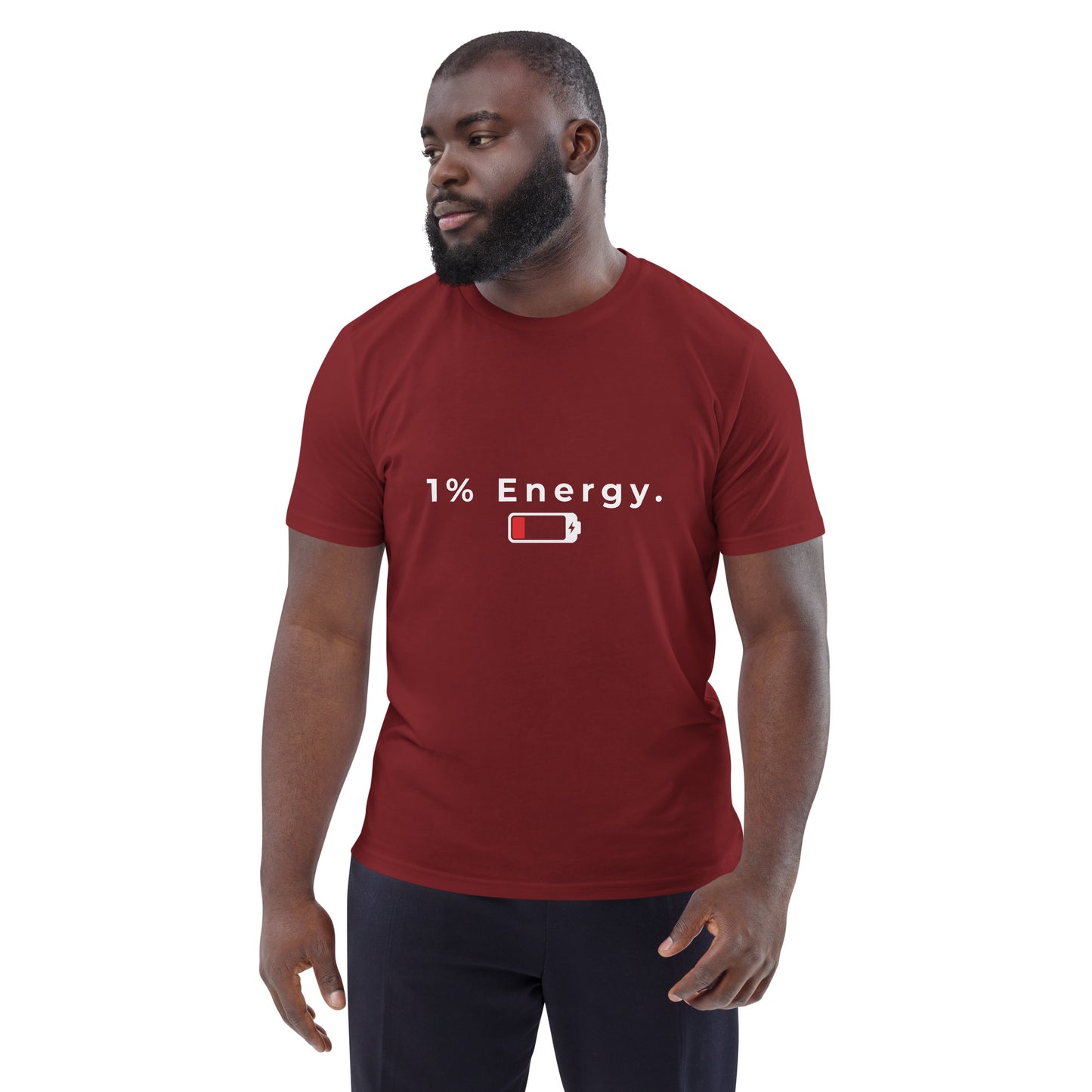 Male model wearing the unisex 1% Energy organic cotton t-shirt, front view. burgundy