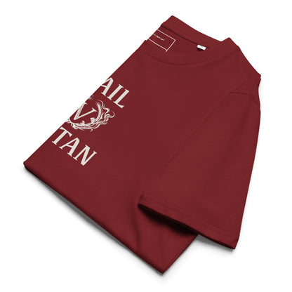 Folded burgundy organic cotton tee displaying the vintage ivory Hail Seitan print with a dark aesthetic gothic layout.