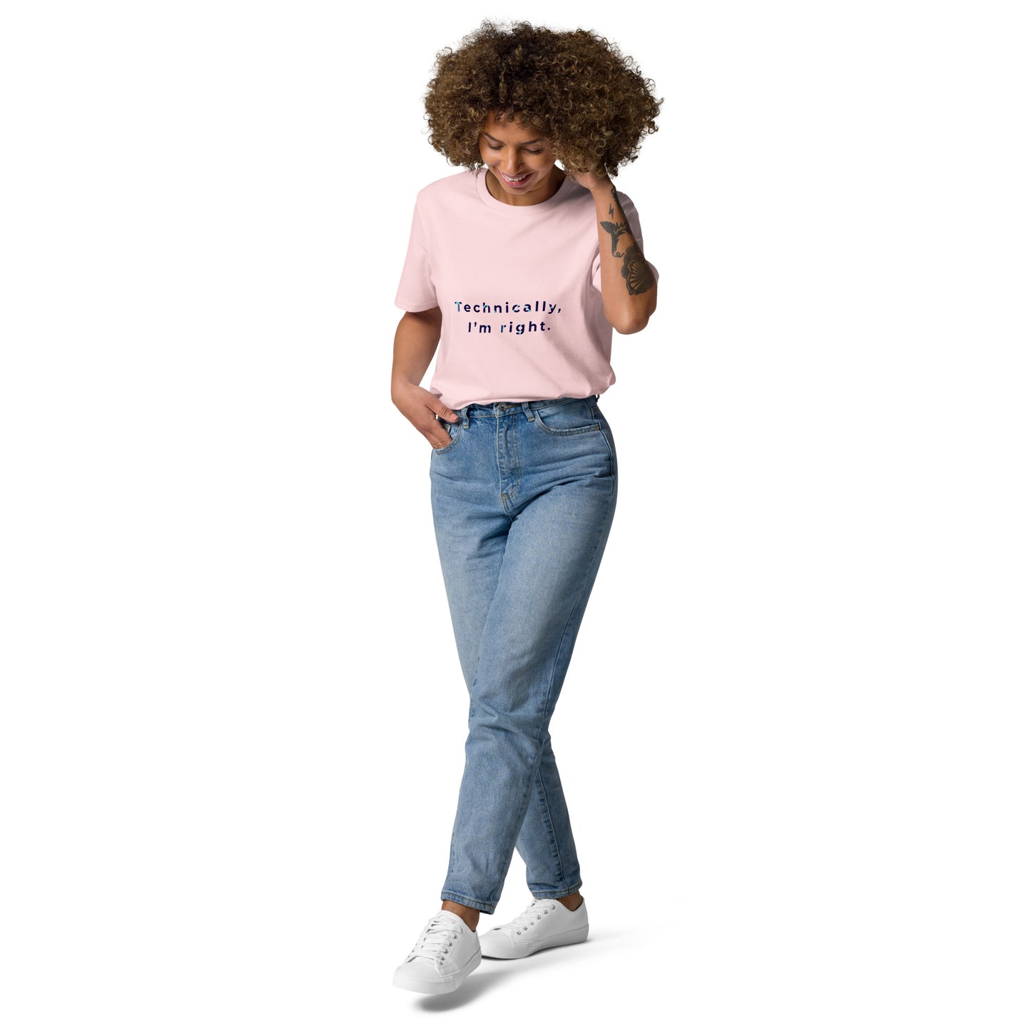 Front view of a female model wearing the eco-friendly Technically I'm right t-shirt. pink