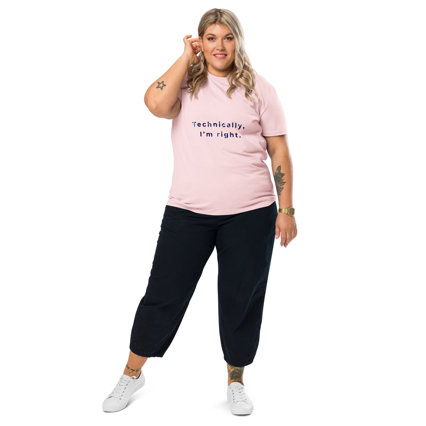 Female model wearing the Technically I'm right organic cotton t-shirt, front view. pink