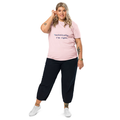Female model wearing the Technically I'm right organic cotton t-shirt, front view. pink