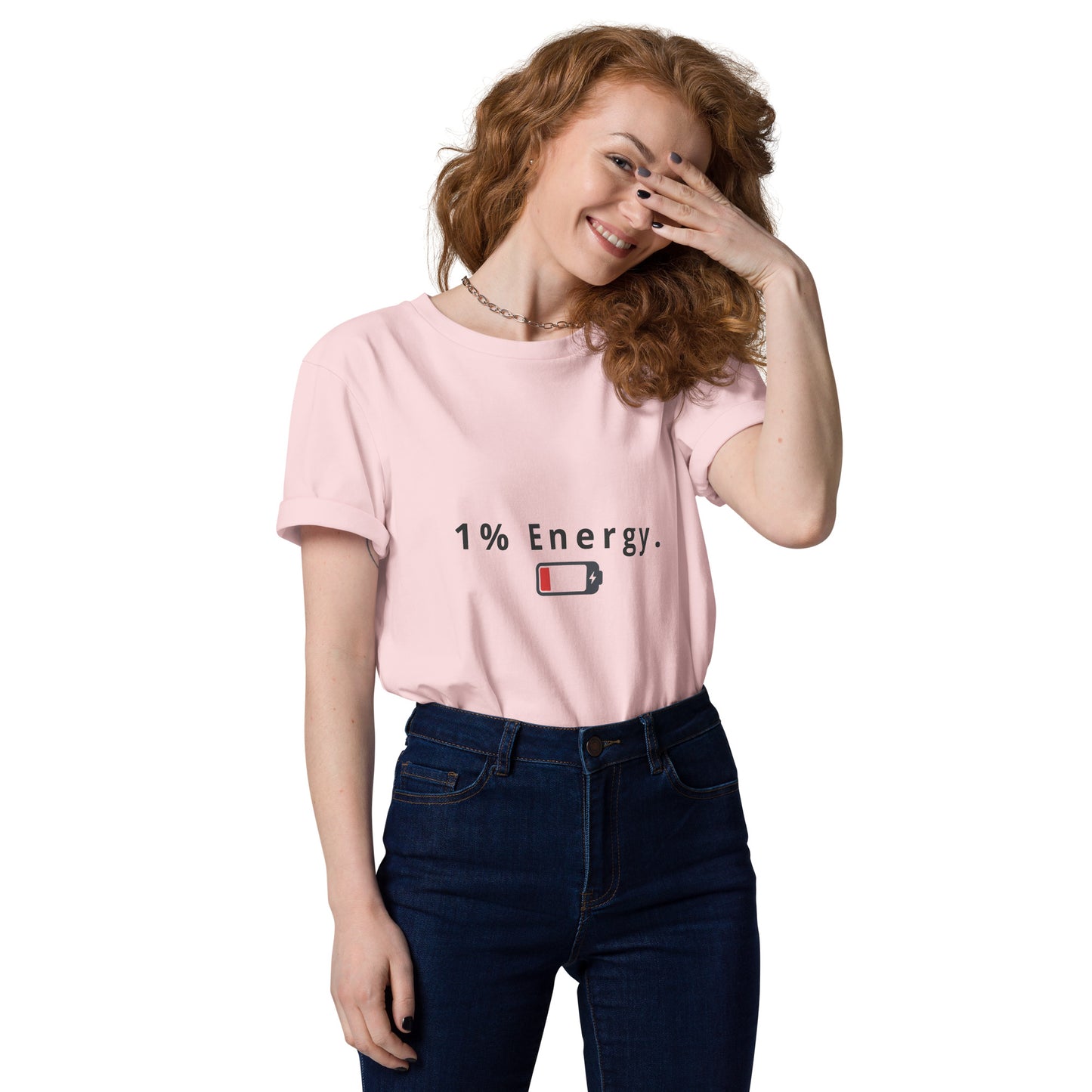 Female model wearing the 1% Energy organic cotton t-shirt, front view. pink