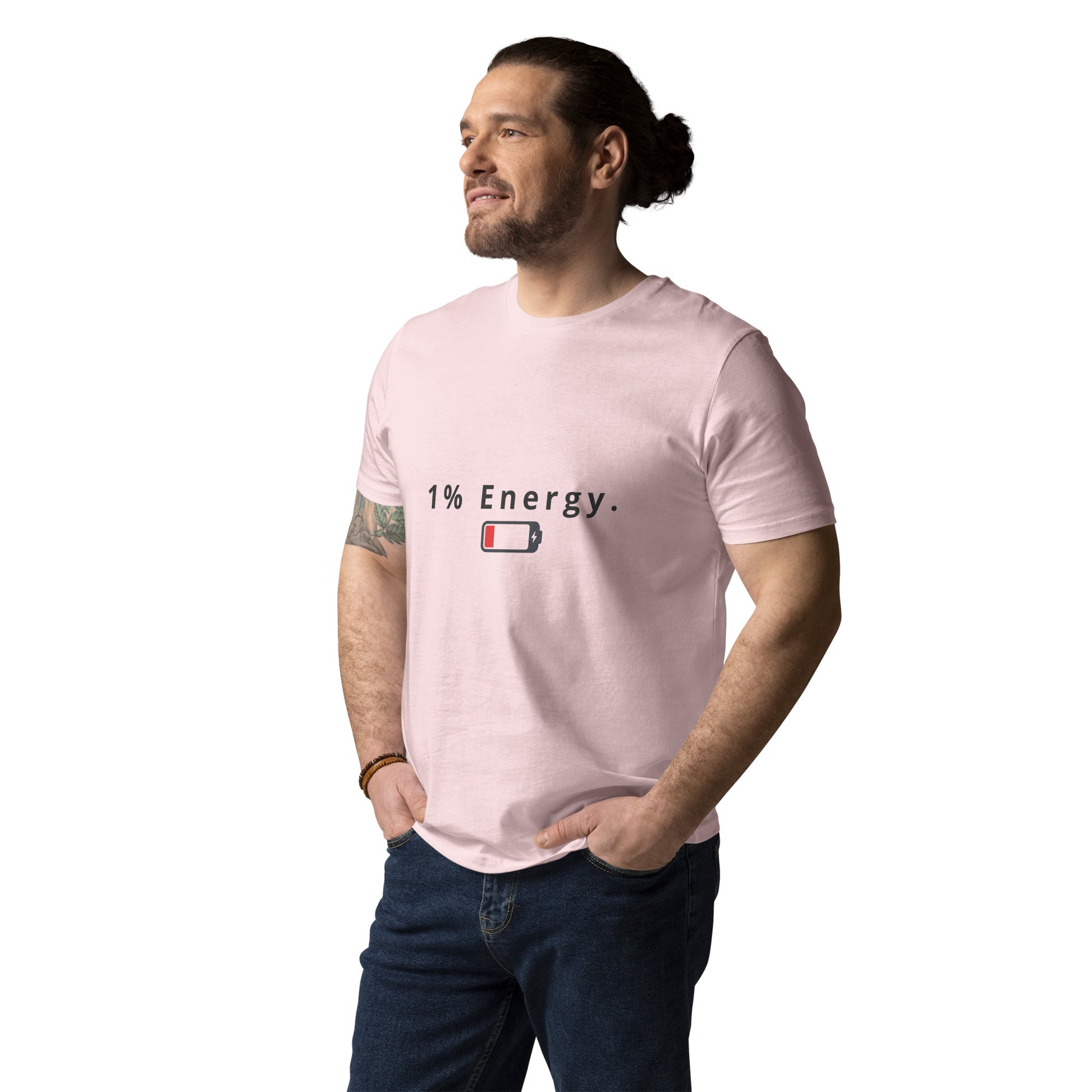 Male model with a tired expression wearing the funny 1% Energy organic cotton t-shirt. -pink-
