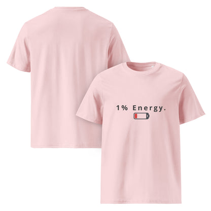 Front and Back view of the 1% Energy organic cotton t-shirt. pink