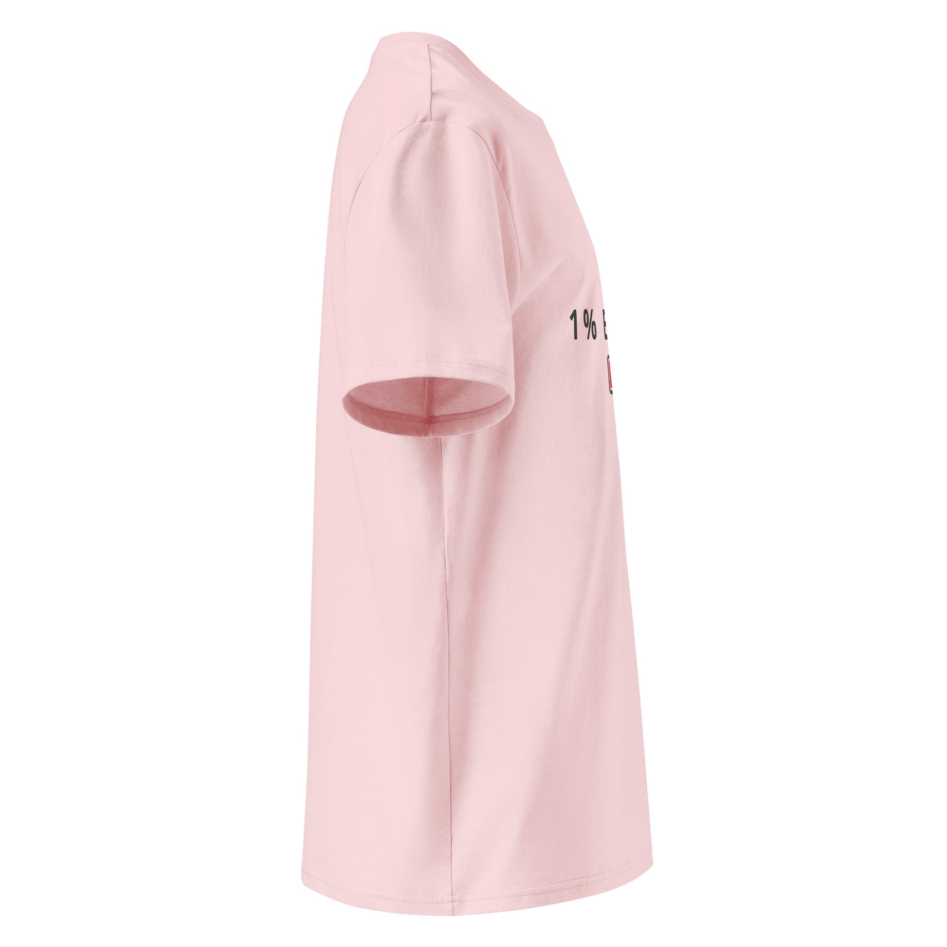 Side view of the neatly folded 1% Energy vegan t-shirt showing fabric thickness. pink