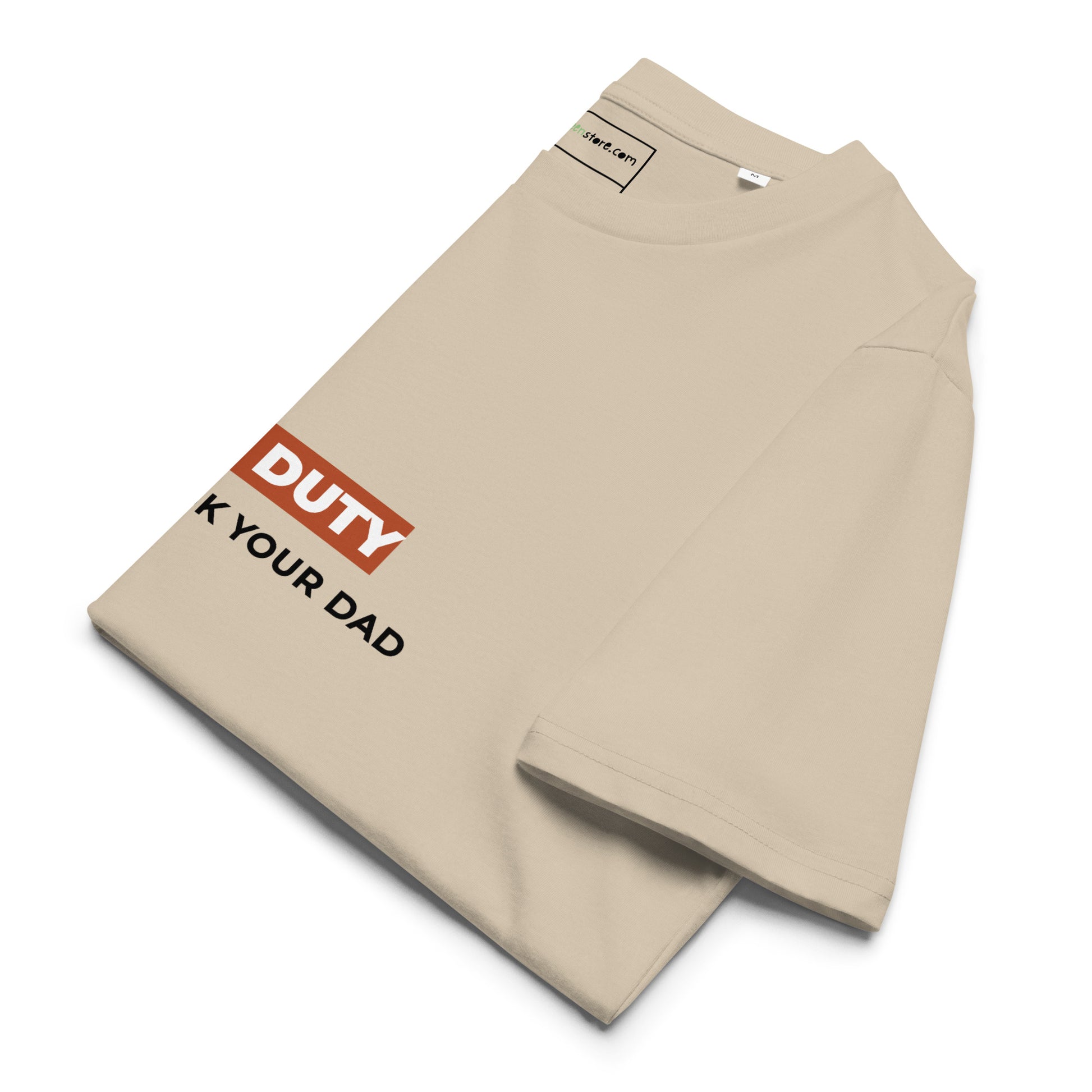 Side view of the folded Mum Off Duty t-shirt ready for gifting. sand