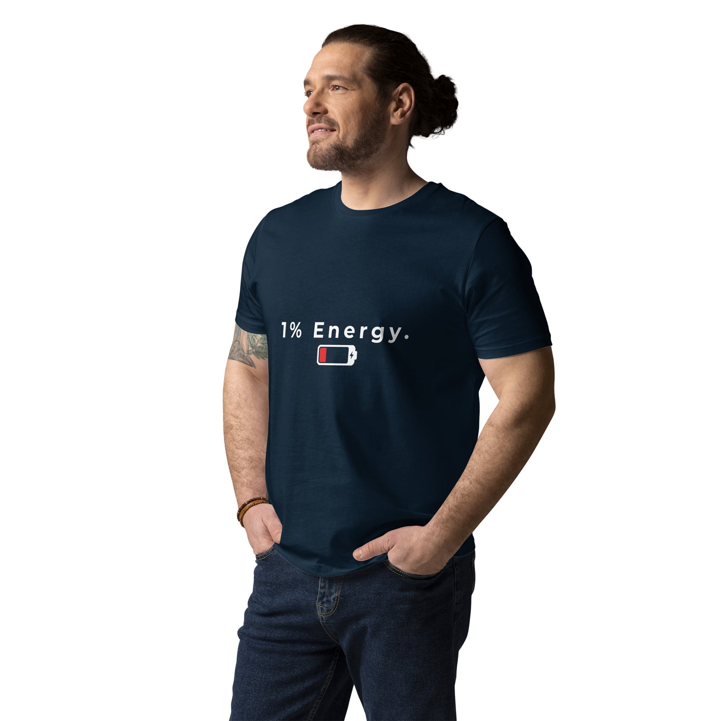 Male model wearing the unisex 1% Energy organic cotton t-shirt, front view. navy