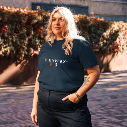Female model wearing the 1% Energy organic cotton t-shirt, front view. navy