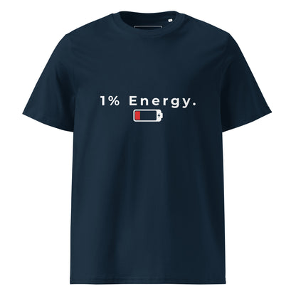 Flat lay front view of the 1% Energy organic cotton t-shirt. navy