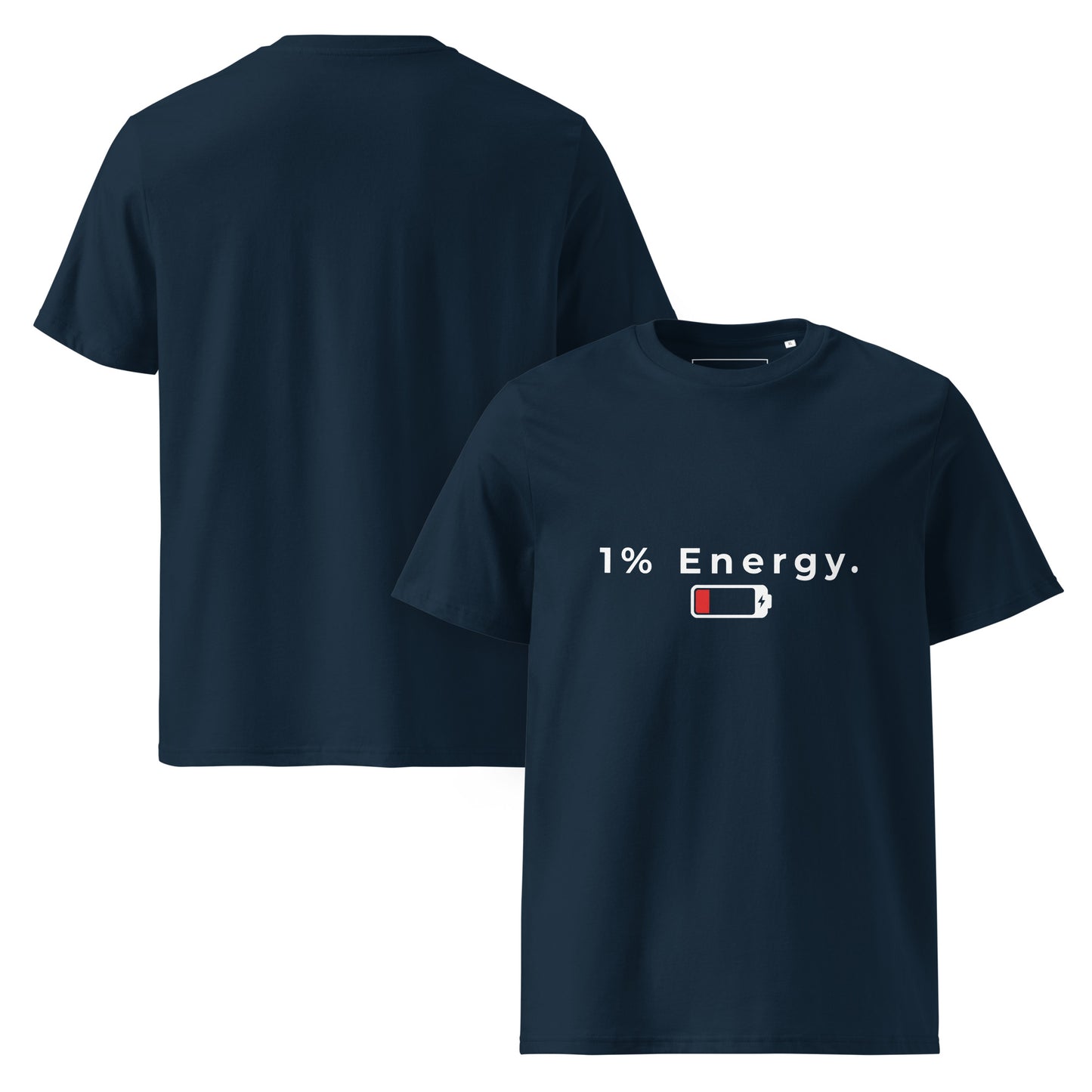 Front and Back view of the neatly folded 1% Energy vegan t-shirt showing fabric thickness. navy