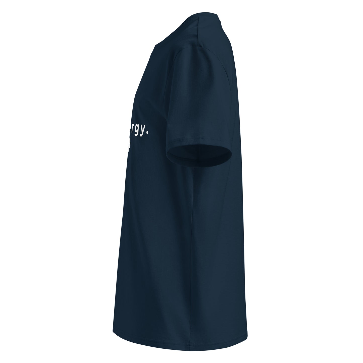 Side view of the neatly folded 1% Energy vegan t-shirt showing fabric thickness. navy