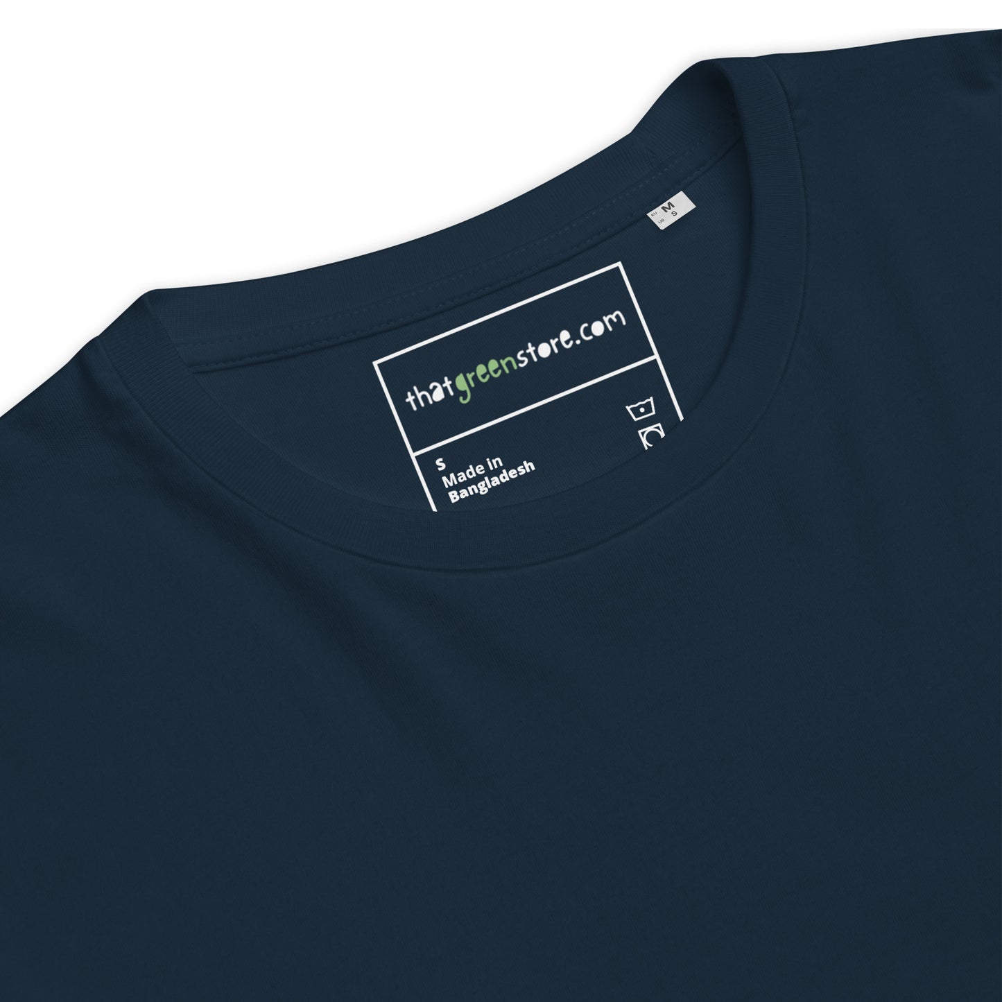 Detail of the organic cotton fabric on the Technically I'm right t-shirt. navy