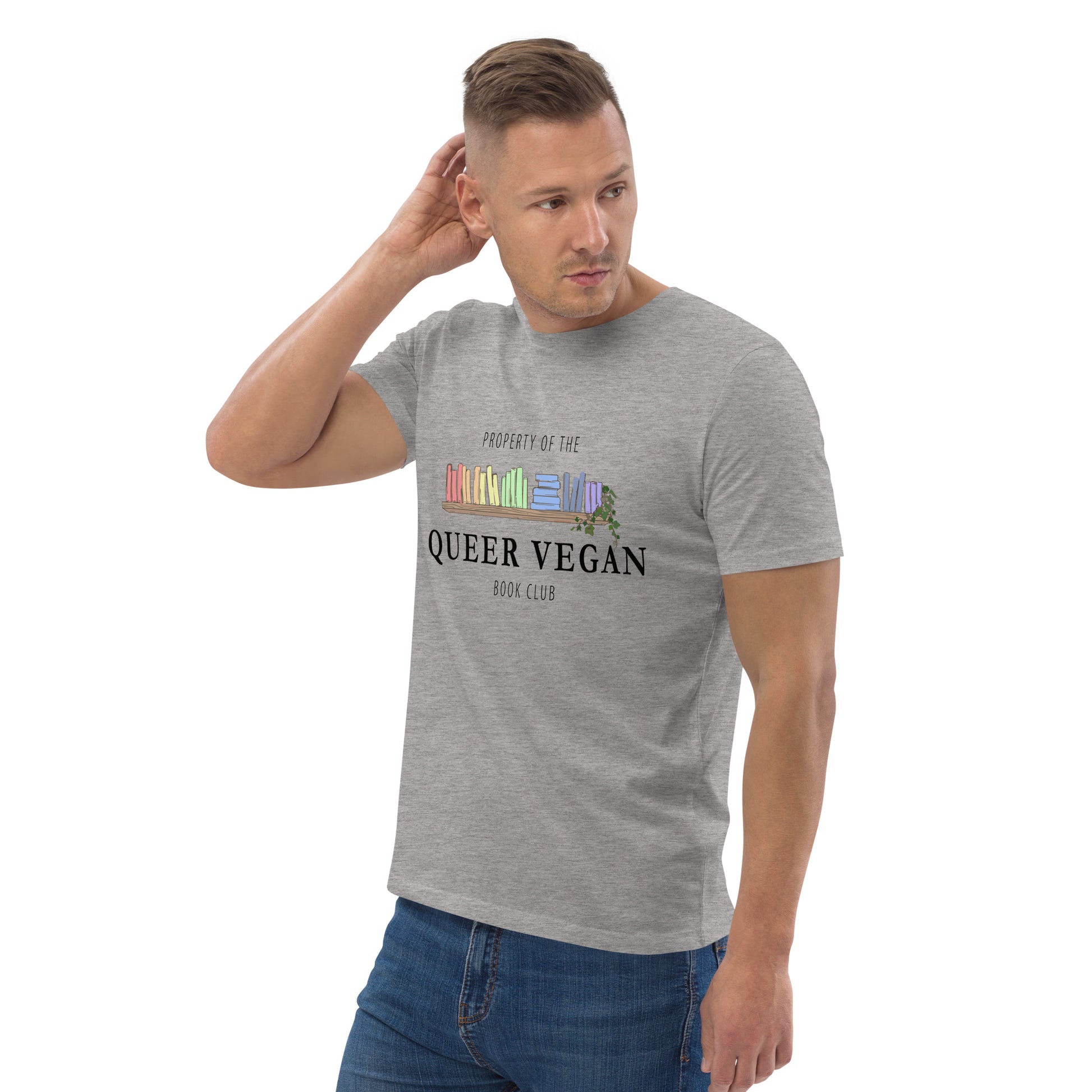 Male model wearing a heather grey organic cotton t-shirt with a pastel rainbow book stack graphic.