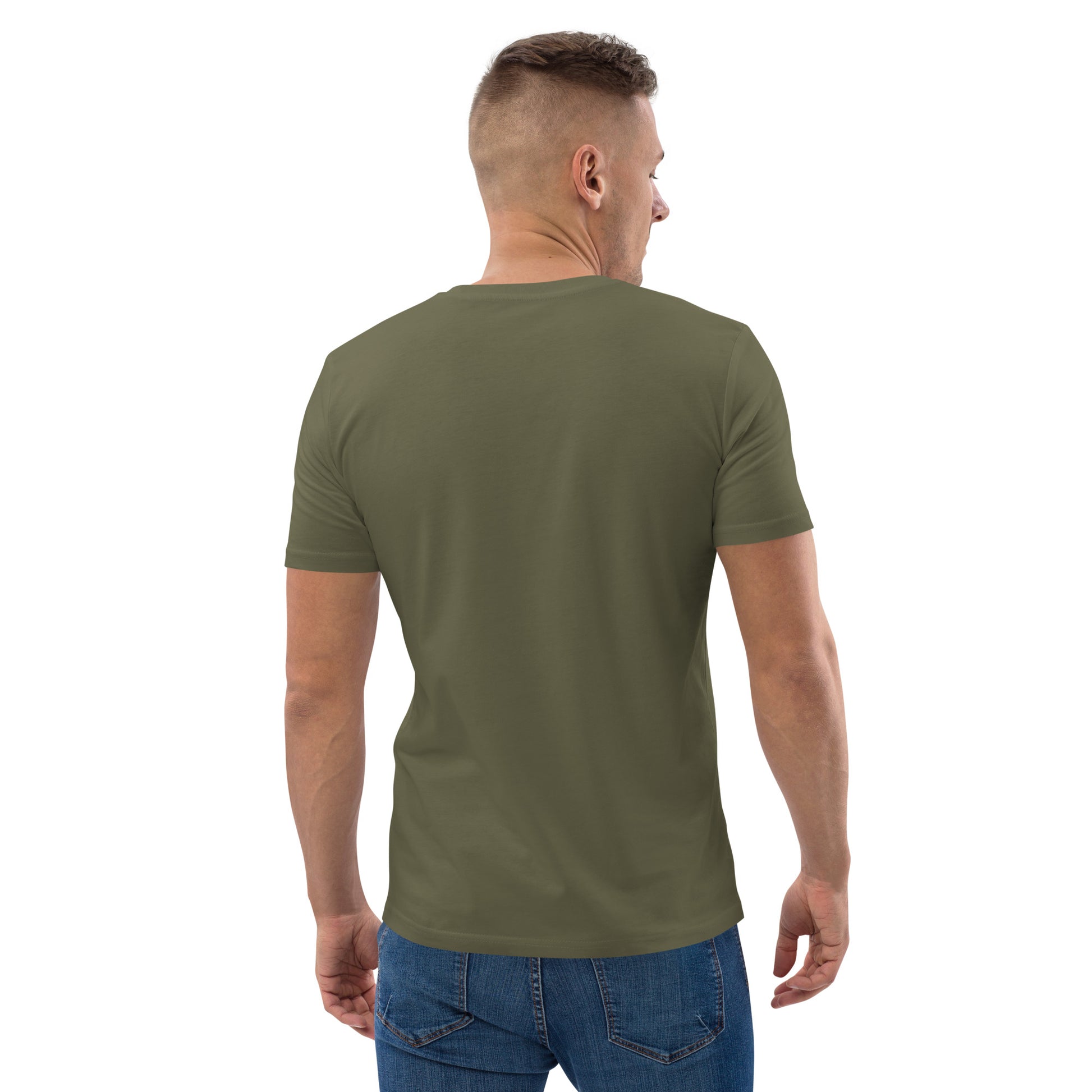 Back view of a male model wearing the Not for Everyone quote t-shirt. khaki