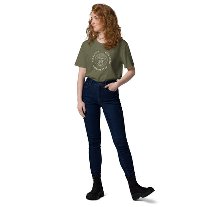 Female model wearing the sustainable "Love Earth" vegan t-shirt in Olive Green, highlighting the eco-friendly graphic and premium ring-spun cotton drape.