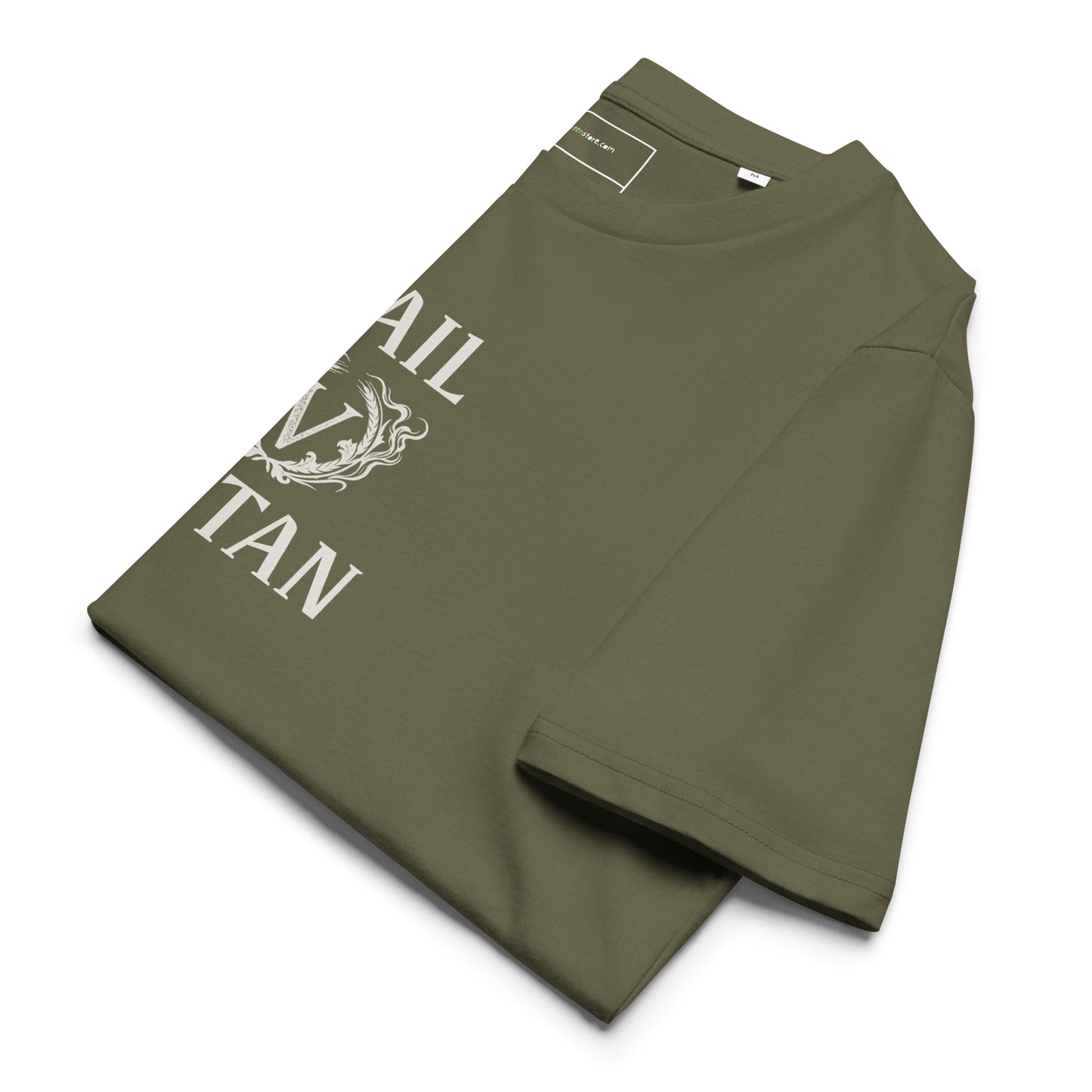 Folded khaki green eco-friendly t-shirt showing the top half of the ivory Hail Seitan gothic graphic and V emblem.