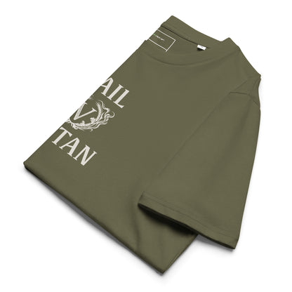 Folded khaki green eco-friendly t-shirt showing the top half of the ivory Hail Seitan gothic graphic and V emblem.