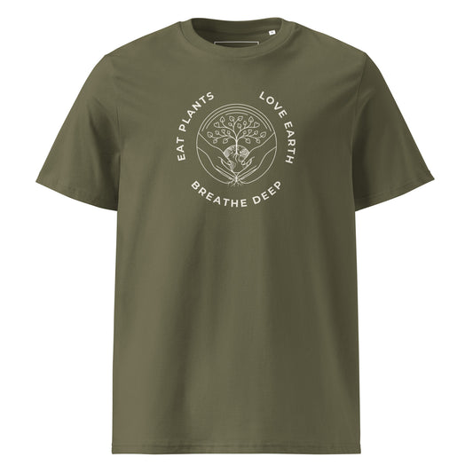 Main front view of the premium organic cotton t-shirt in Olive Green, featuring the "Eat Plants, Love Earth, Breathe Deep" circular graphic on the chest.