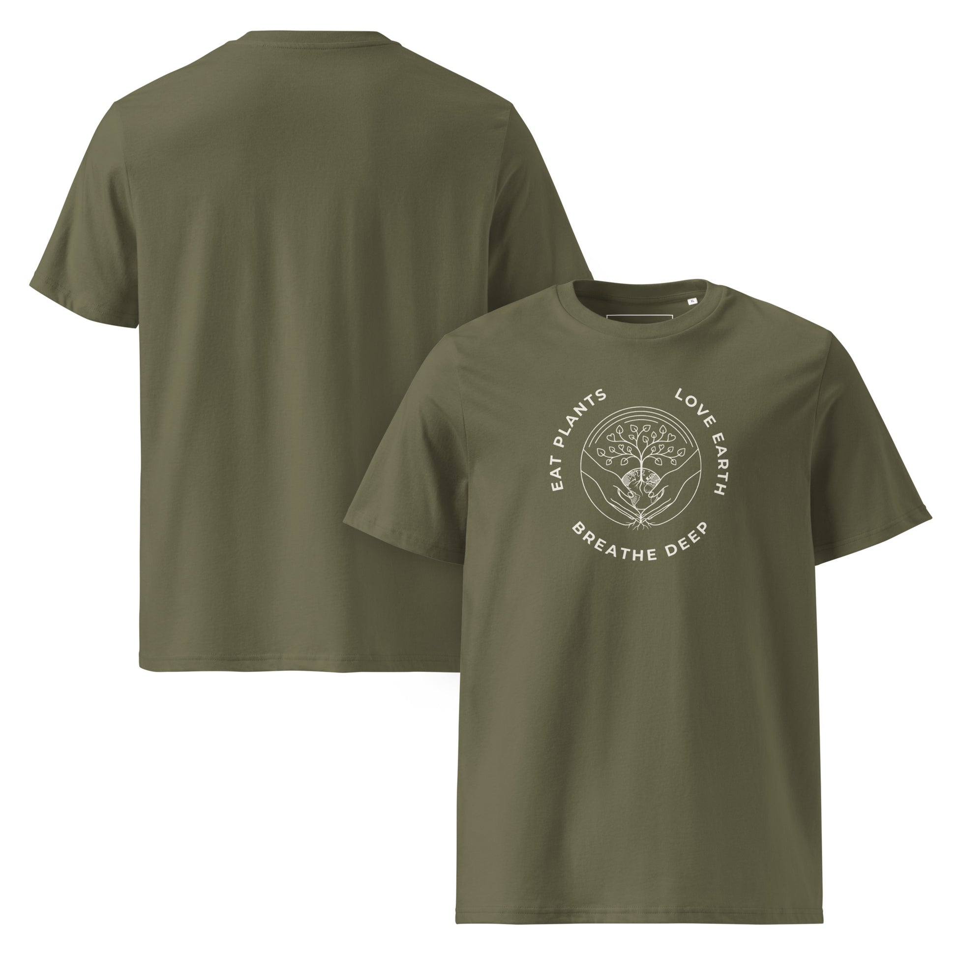 Front and Back of the premium organic cotton t-shirt in Olive green, featuring the "Eat Plants, Love Earth, Breathe Deep" circular graphic on the chest.