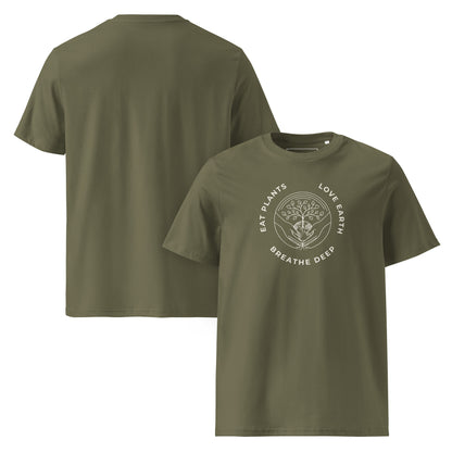 Front and Back of the premium organic cotton t-shirt in Olive green, featuring the "Eat Plants, Love Earth, Breathe Deep" circular graphic on the chest.