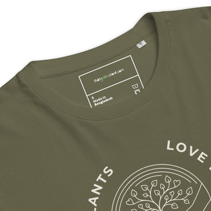 Close-up detail of the ribbed collar and custom inner neck tag on the "Love Earth" premium organic t-shirt, highlighting the high-quality stitching and neck tape. Olive green