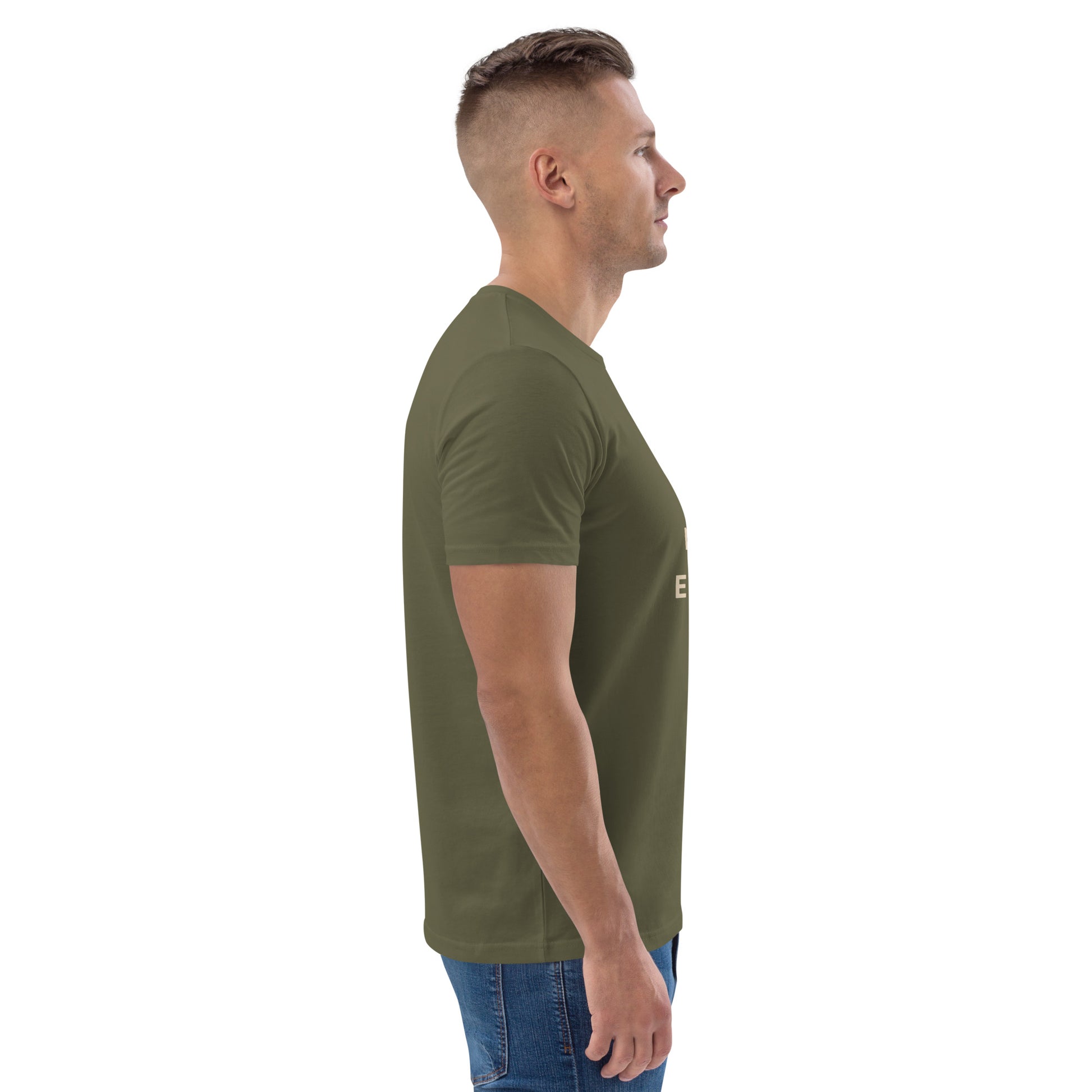 Side view of a male model wearing the vegan Not for Everyone tee. khaki