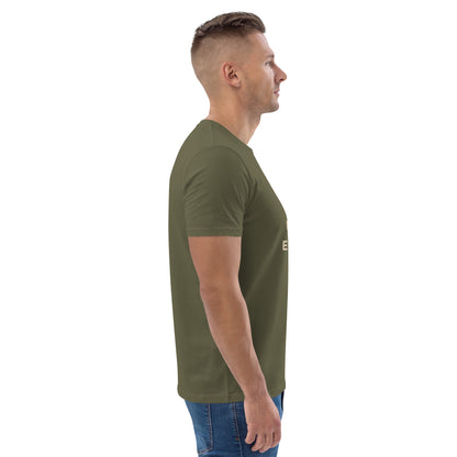 Side view of a male model wearing the vegan Not for Everyone tee. khaki