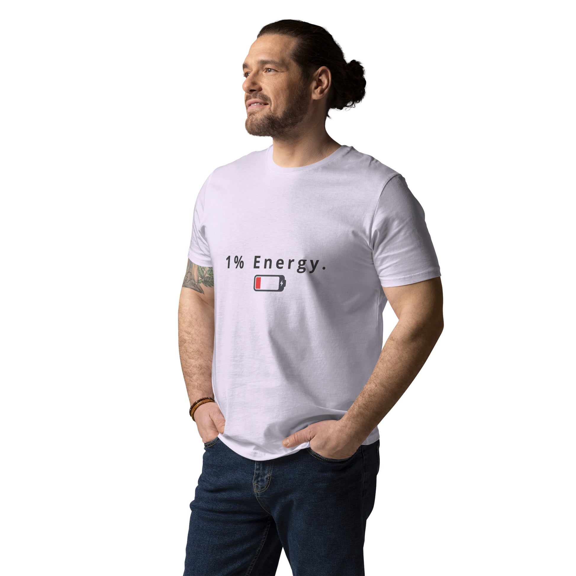 Male model wearing the unisex 1% Energy organic cotton t-shirt, front view.