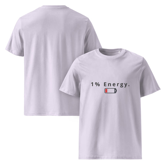 Front and Back view of the 1% Energy organic cotton t-shirt. lavander