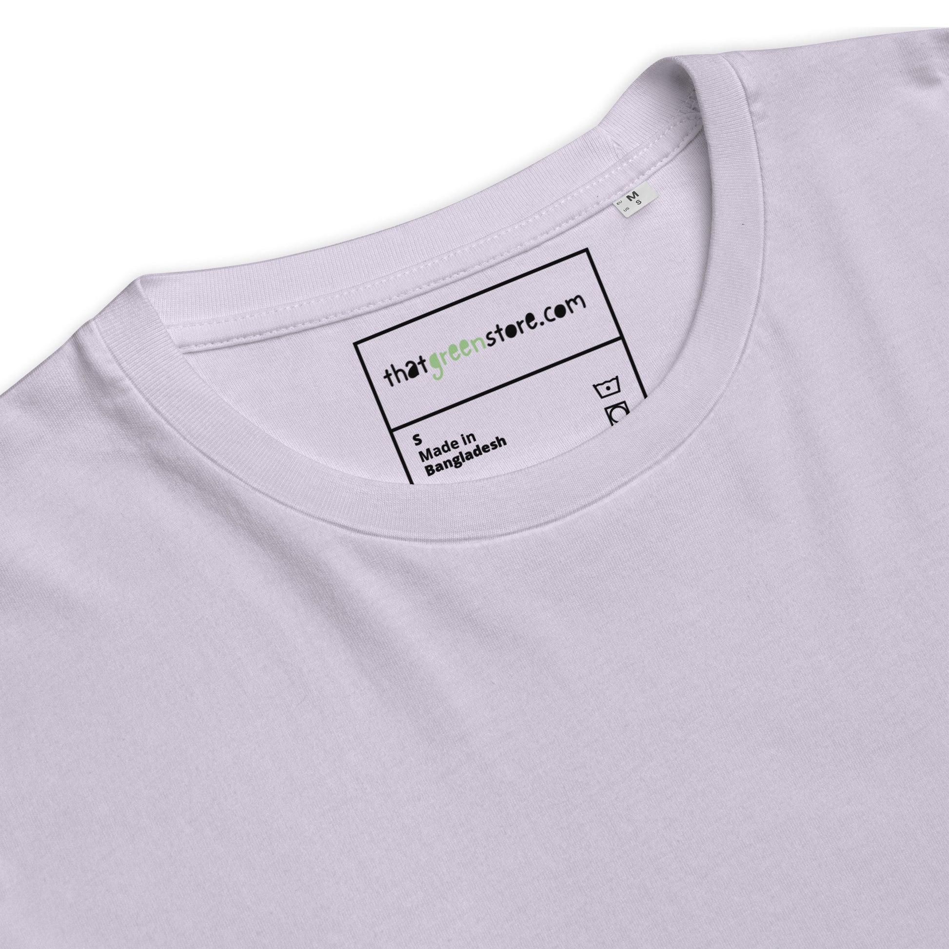 Close-up detail of the custom printed inner neck label on the "raising humans on plants." t-shirt, highlighting the 180g premium organic cotton fabric. -lavander-