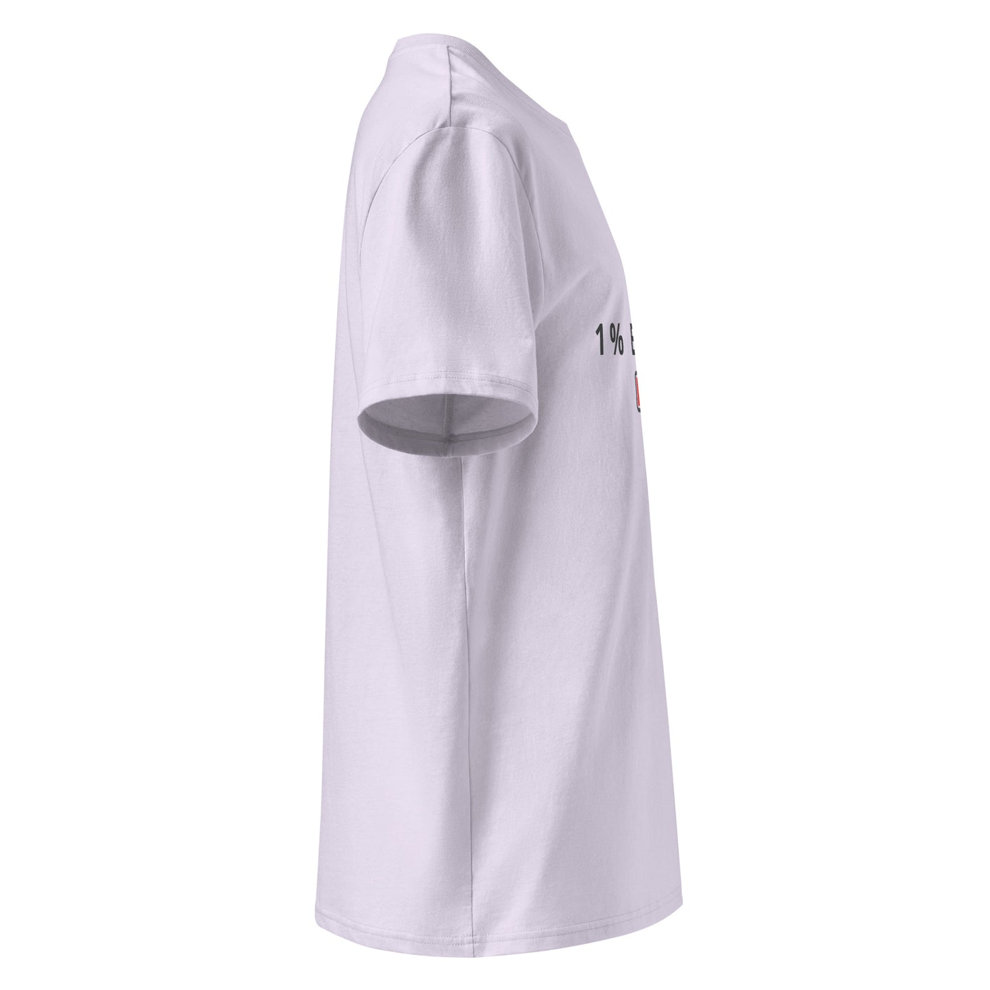 Side view of the neatly folded 1% Energy vegan t-shirt showing fabric thickness. lavander