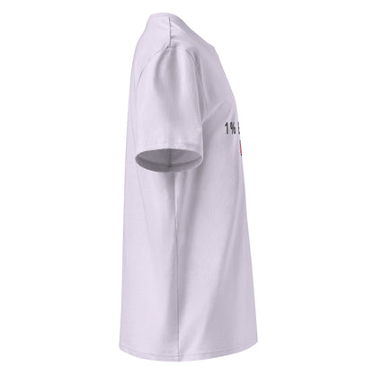 Side view of the neatly folded 1% Energy vegan t-shirt showing fabric thickness. lavander