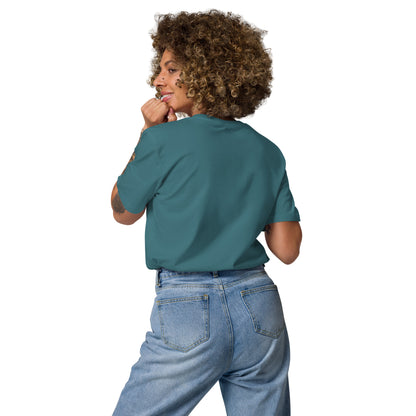 Back view of the "raising humans on plants." stargazer t-shirt being worn, showcasing the comfortable unisex fit and the softness of the eco-friendly material.