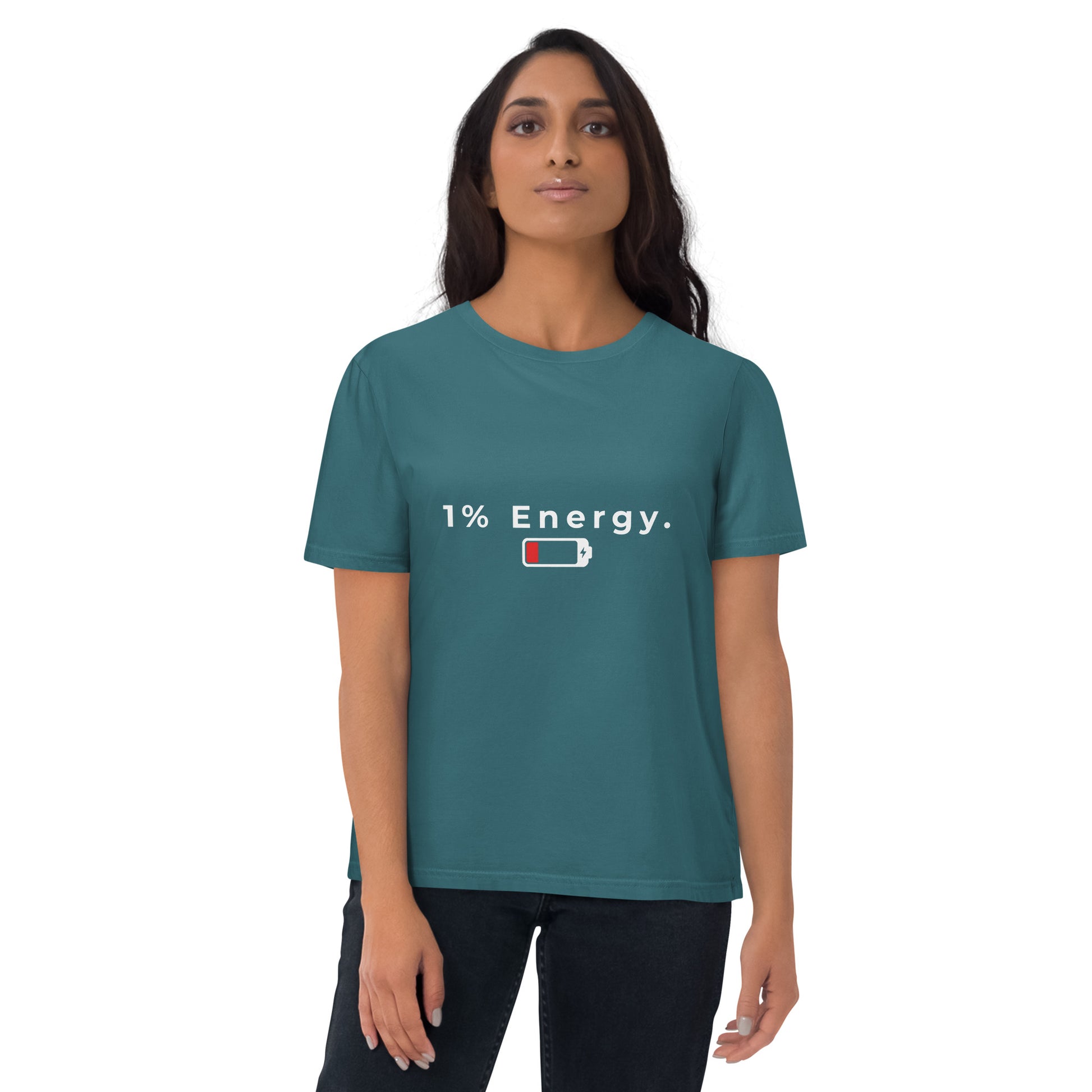 Front view of a female model wearing the eco-friendly 1% Energy t-shirt.