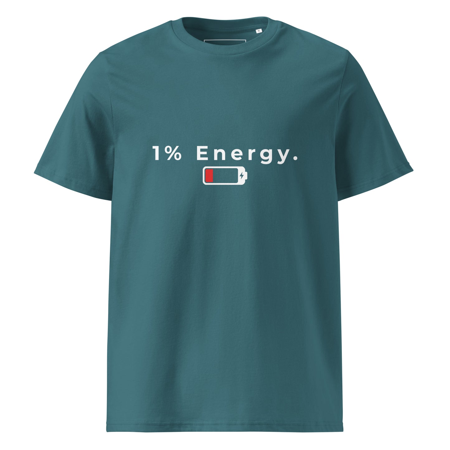 Flat lay front view of the 1% Energy organic cotton t-shirt. stargazer