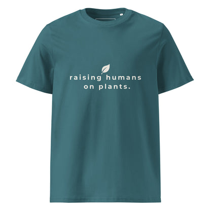 Front flat lay of the "raising humans on plants." t-shirt. The image clearly shows the perfect alignment of the text and the leaf logo on the chest. -stargazer-