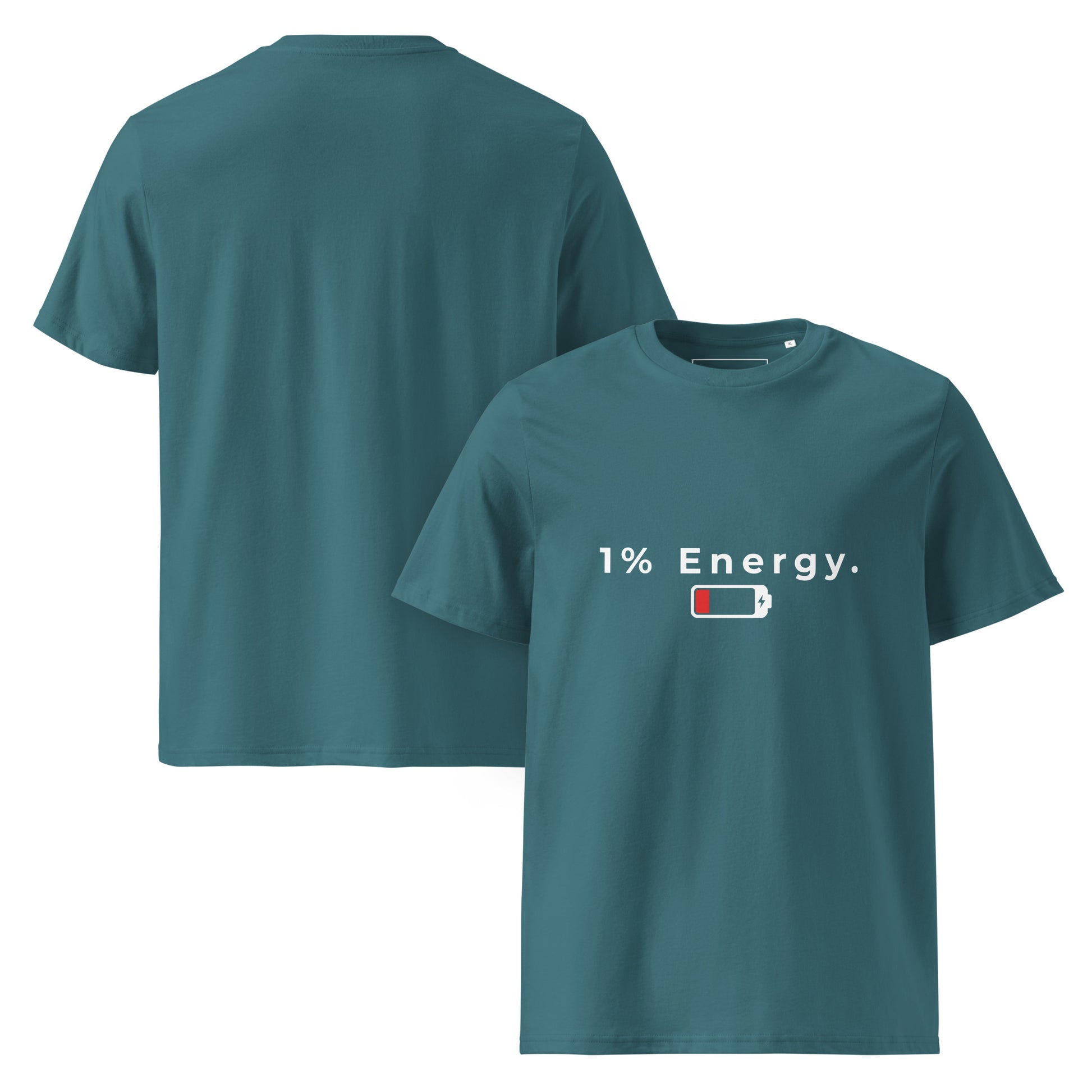 Front and Back view of the neatly folded 1% Energy vegan t-shirt showing fabric thickness. stargazer