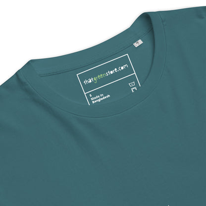 Close-up detail of the custom printed inner neck label on the "raising humans on plants." t-shirt, highlighting the 180g premium organic cotton fabric. -stargazer-