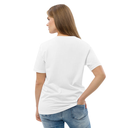 Back view of a female model wearing the eco-friendly Phantom Spirit t-shirt. white
