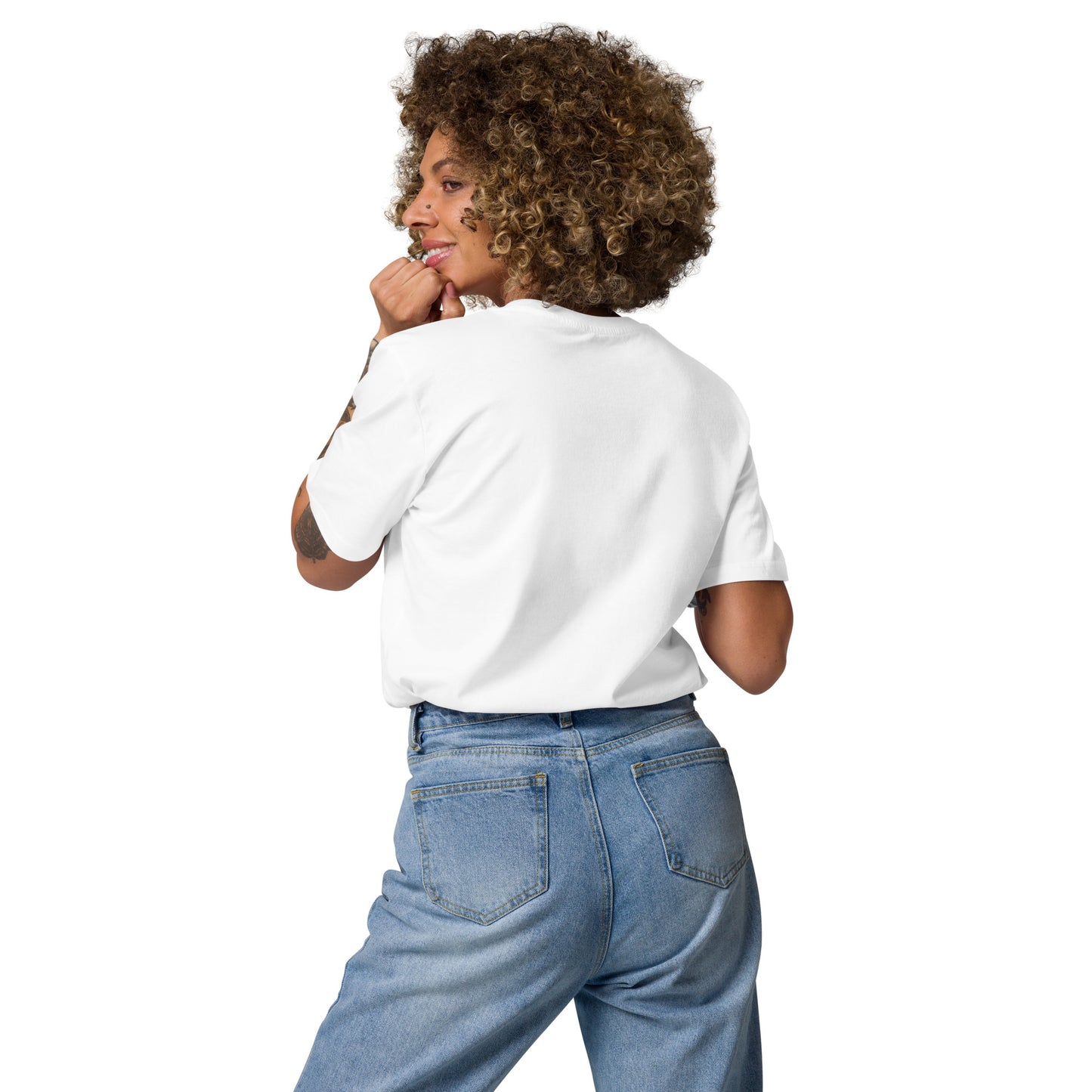 Back view of a female model wearing the eco-friendly Technically I'm right t-shirt. white