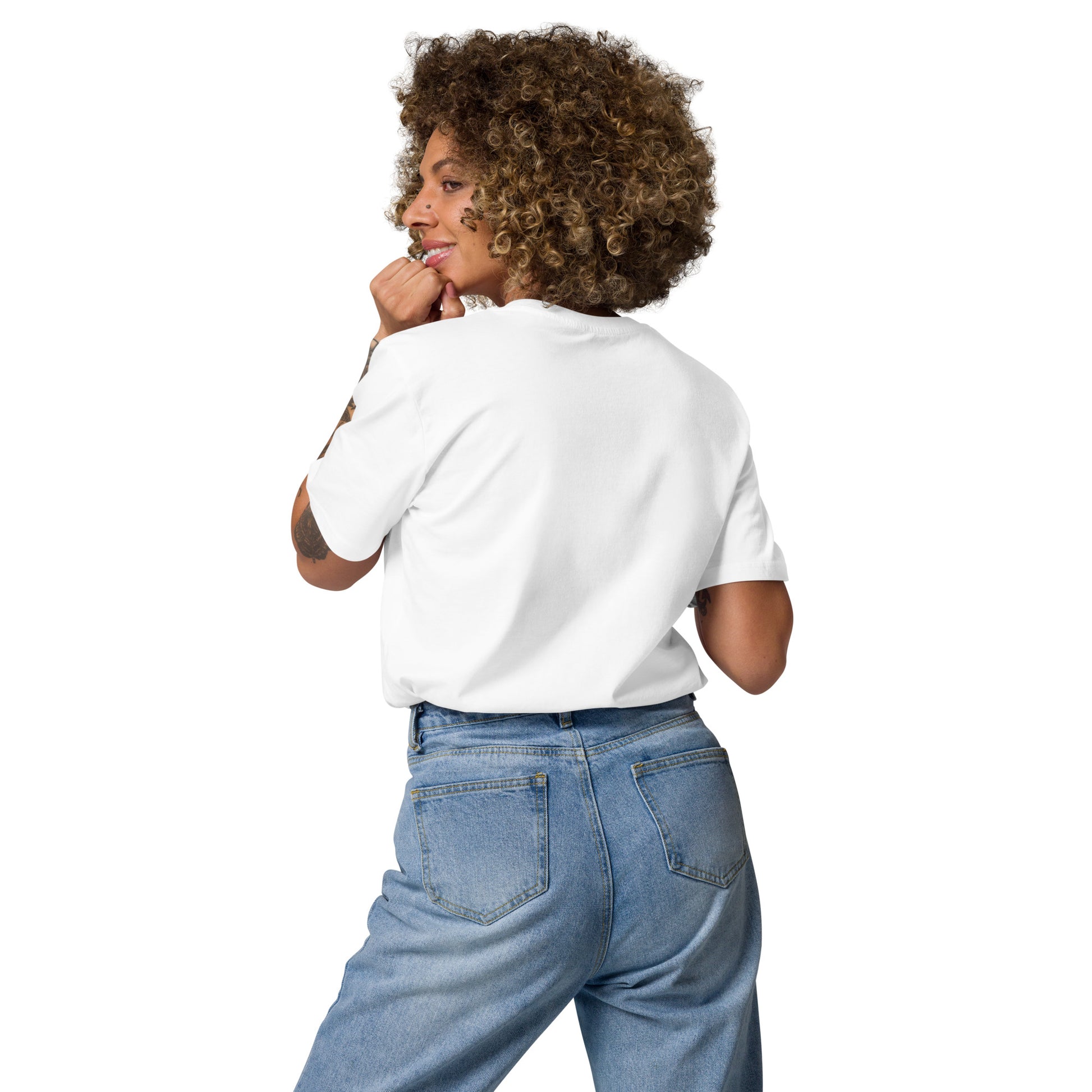 Back view of a female model wearing the eco-friendly Technically I'm right t-shirt. white