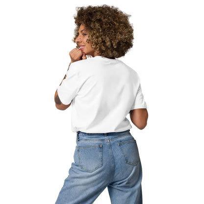Back view of a female model wearing the eco-friendly Technically I'm right t-shirt. white