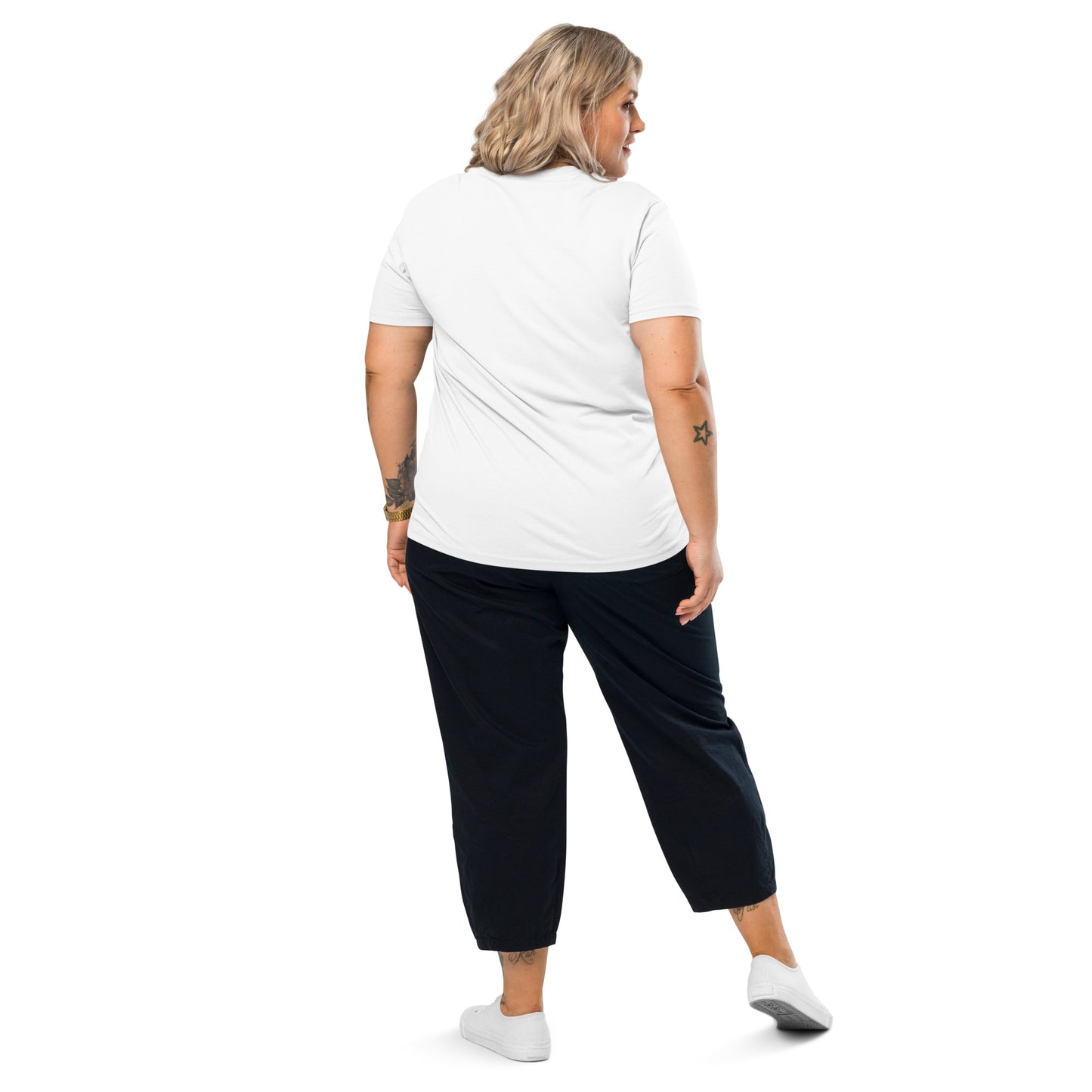 Back view of A female model wearing That Green Store 'Soliloquy' white organic t-shirt. The detailed charcoal graphic design and red text are centered on the torso, highlighting the medium fit.