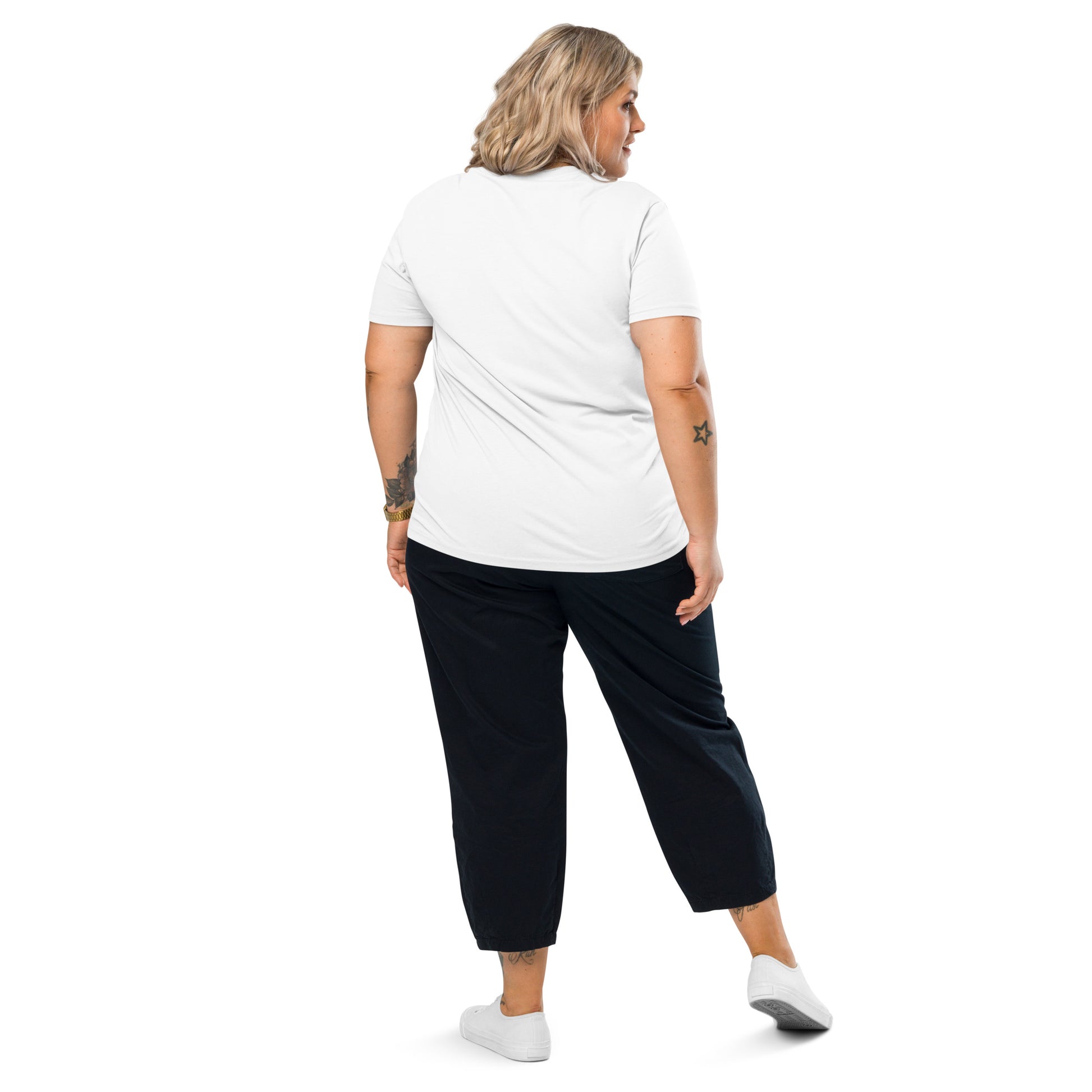 Back view of A female model wearing That Green Store 'Soliloquy' white organic t-shirt. The detailed charcoal graphic design and red text are centered on the torso, highlighting the medium fit.